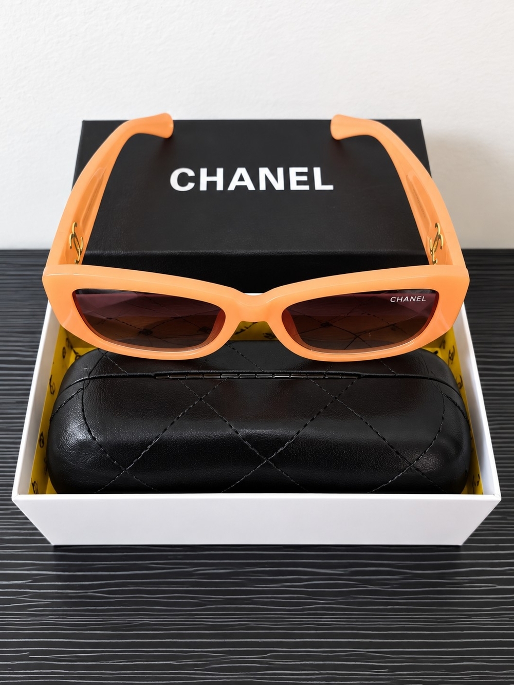 CHANEL Peach-Orange Rectangular Women's Sunglasses